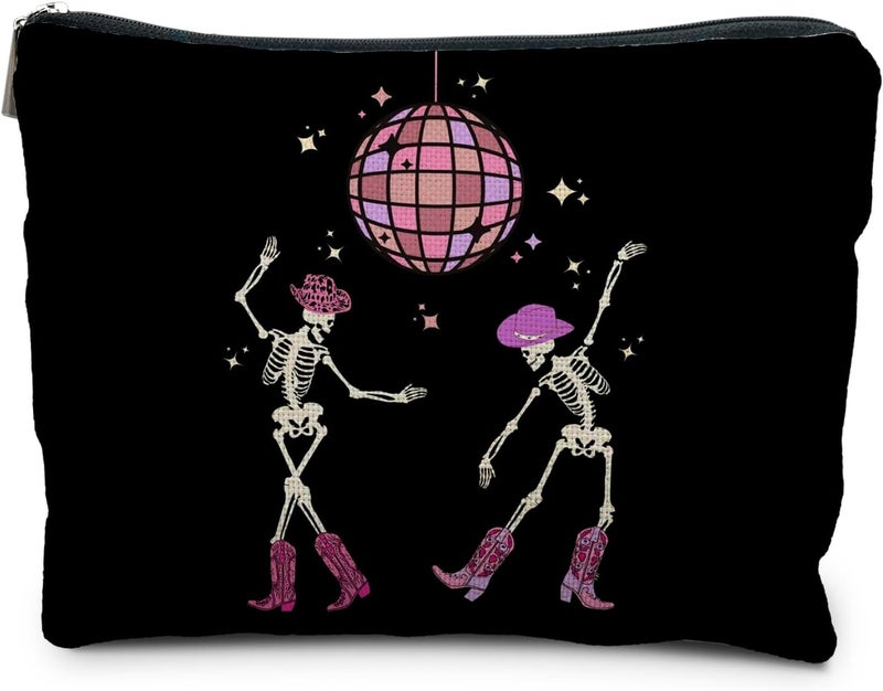 RYYCDOI Funny Disco Dancing Skeleton Makeup Bag, Goth Gothic Skull Cosmetic for Women, Halloween Gifts, Dark Academia Makeup Pouch, Horror Bag - Image 1